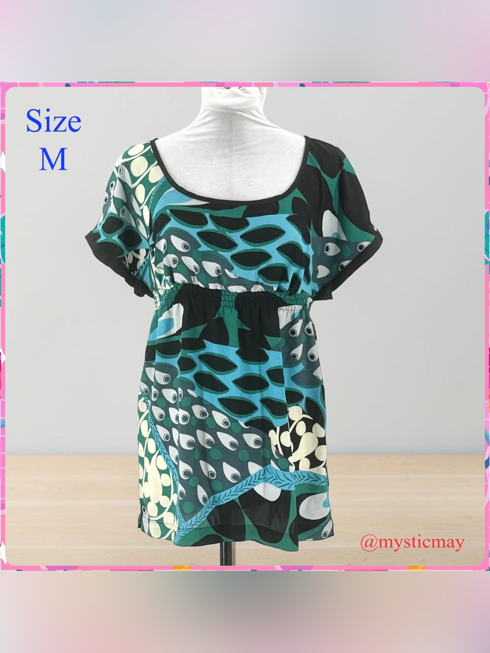 Vintage MATTY M Silky Blue & Black MULTICOLOR ABSTRACT PRINT TUNIC Top Size M